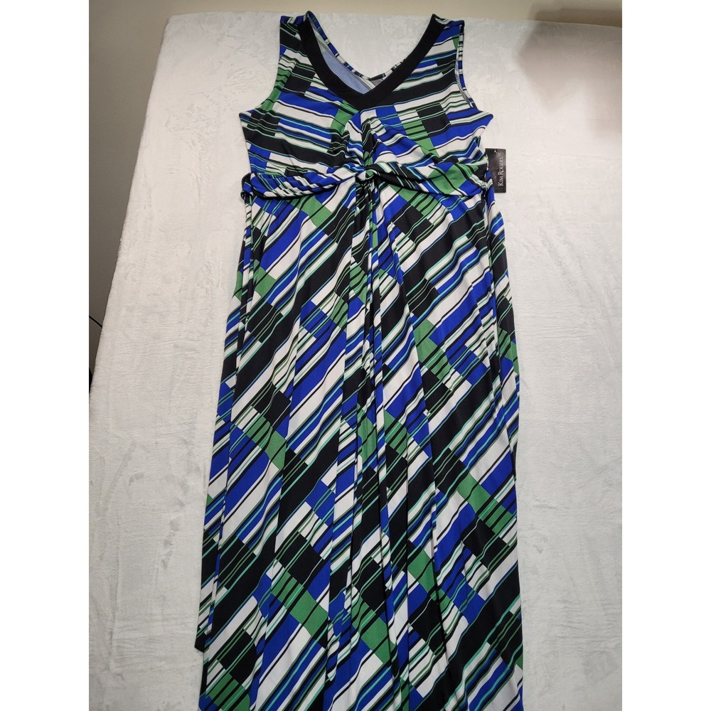 NWT Kim Rogers Maxi Dress Womens Large Blue Green Geometric Striped Sleeveless